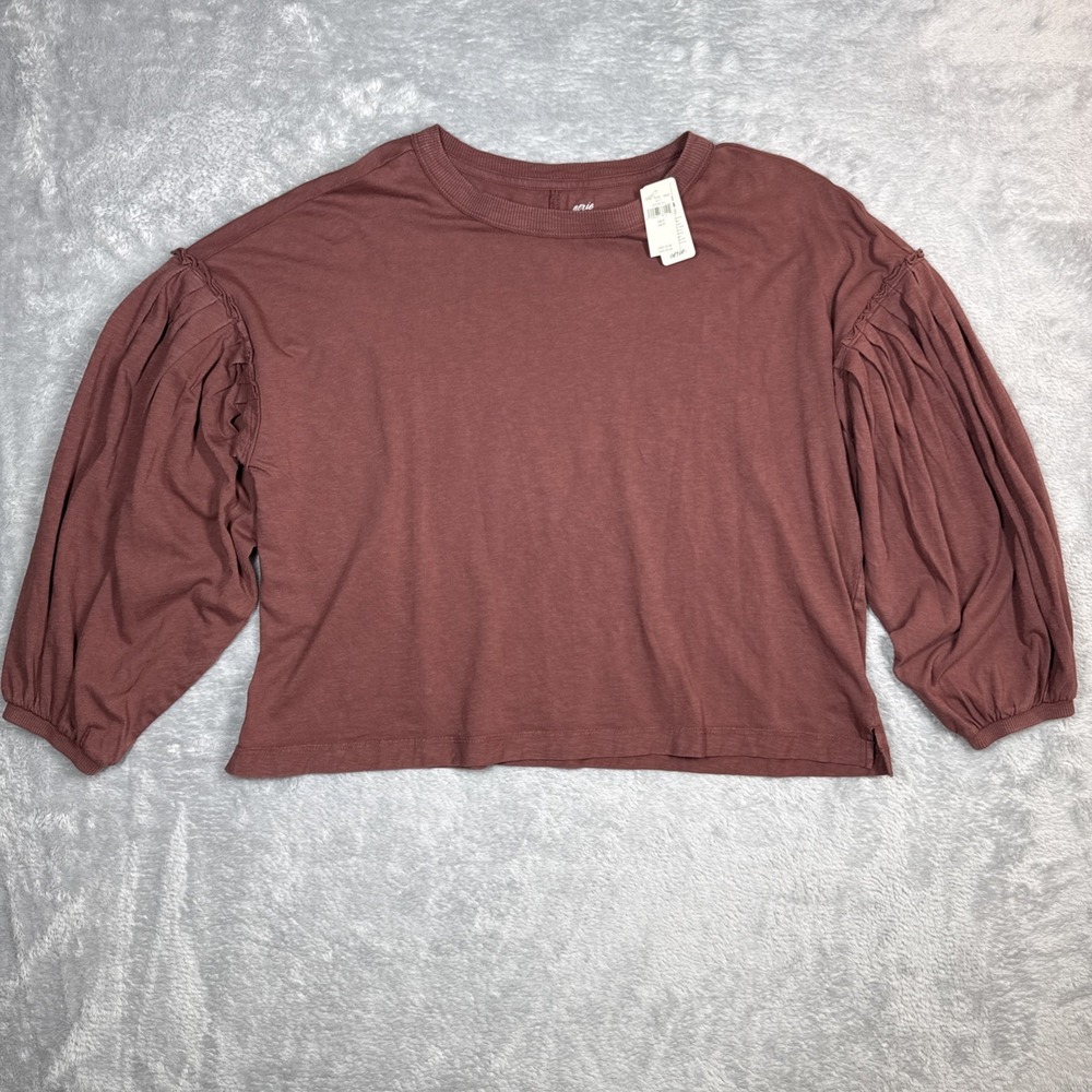 Aerie Slouchy Balloon Sleeve Shirt Women Small Dark Rust Cropped Pleated Sleeve‎
